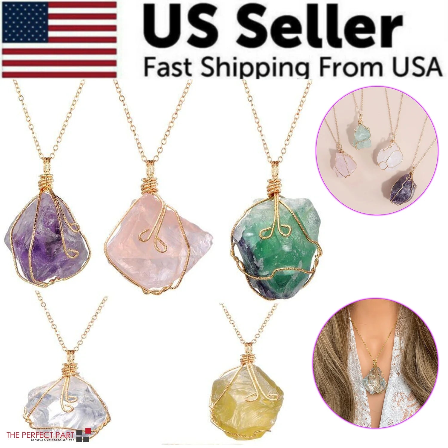 Natural Gemstone Necklace Chakra Stone Pendant Energy Healing Crystal with Chain