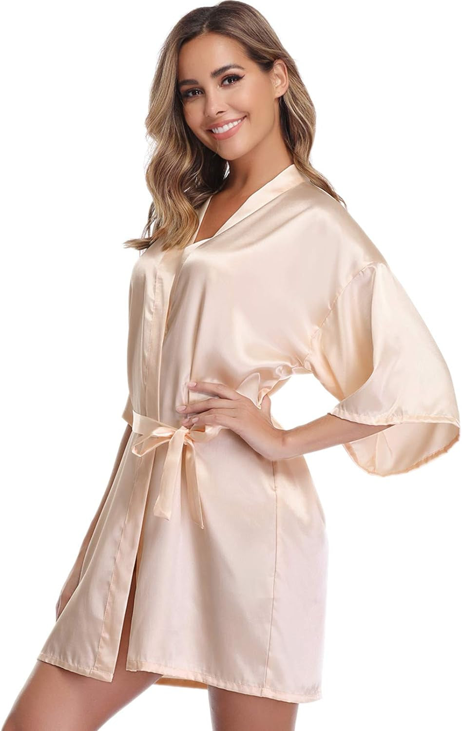 Women'S Satin Robe Short Kimono Bathrobes for Bride & Bridesmaid Wedding Party Robes with Gold Glitter or Rhinestones