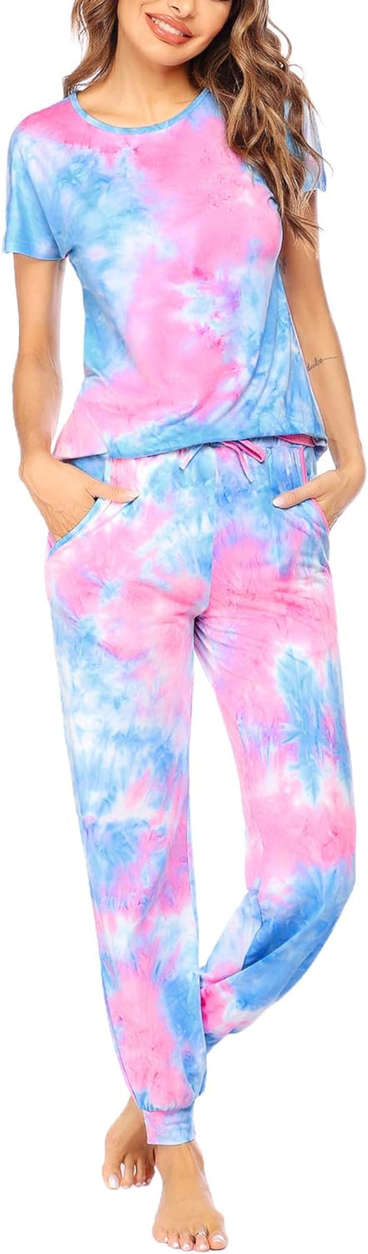 Womens Pajamas Set Short Sleeve Cute Printed Tops and Pants 2 Piece PJ Sets Joggers Loungewear Sleepwear with Pockets