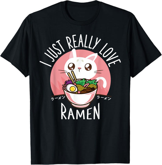 Funny Cat Ramen Anime Merch Kawaii Clothes Graphic Tees Men T-Shirt