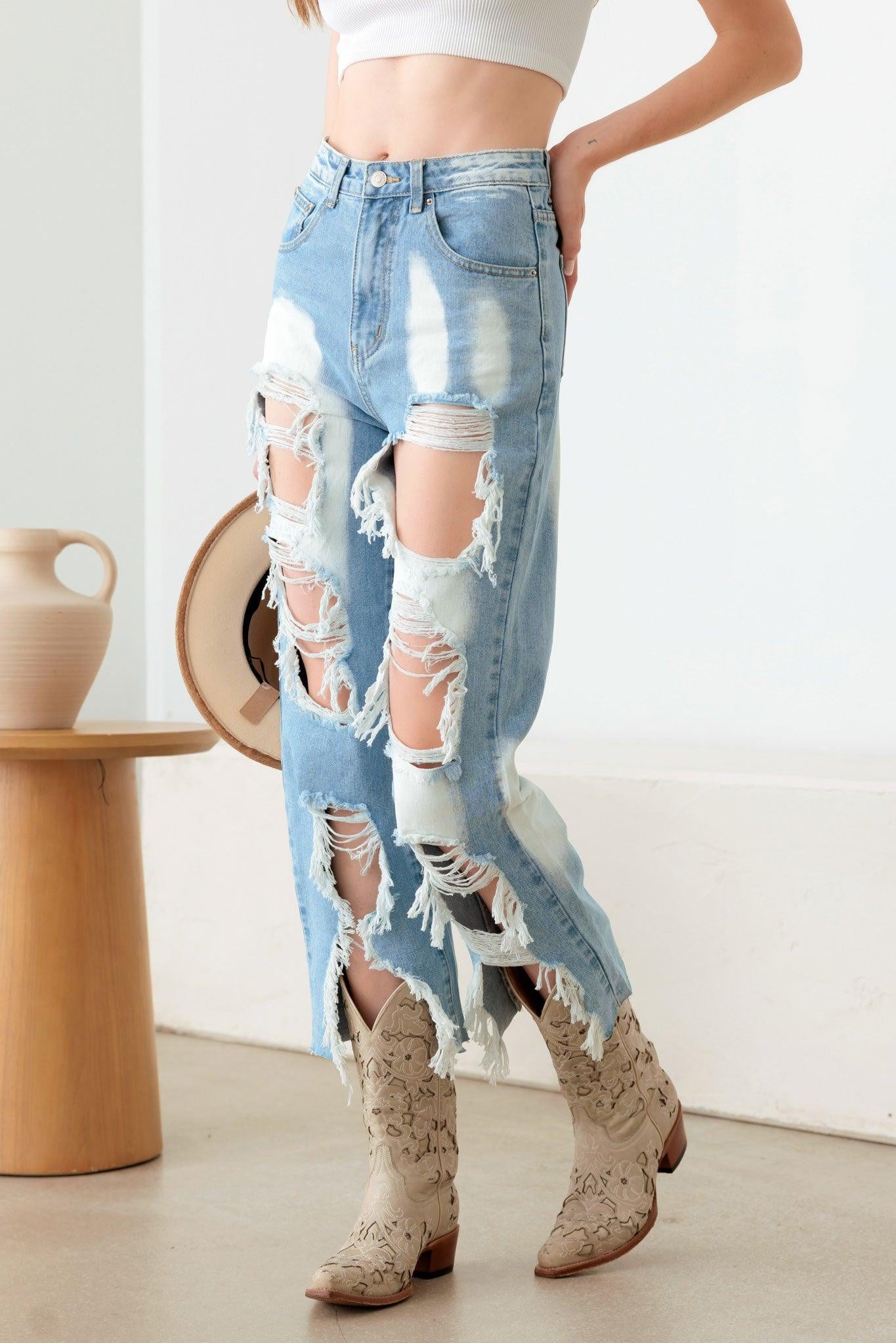 Light Blue Distressed Stylish Cut Jeans