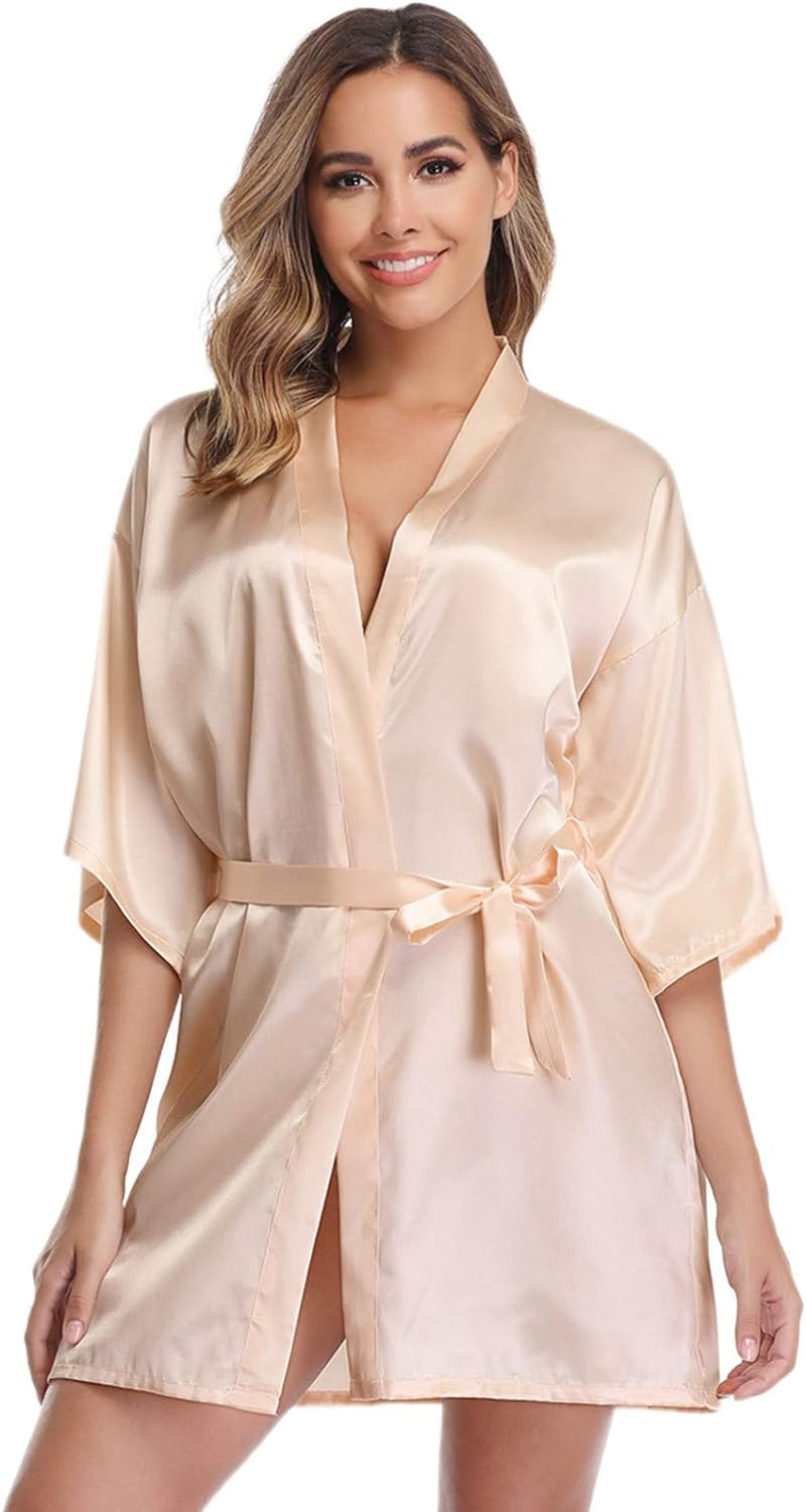 Women'S Satin Robe Short Kimono Bathrobes for Bride & Bridesmaid Wedding Party Robes with Gold Glitter or Rhinestones