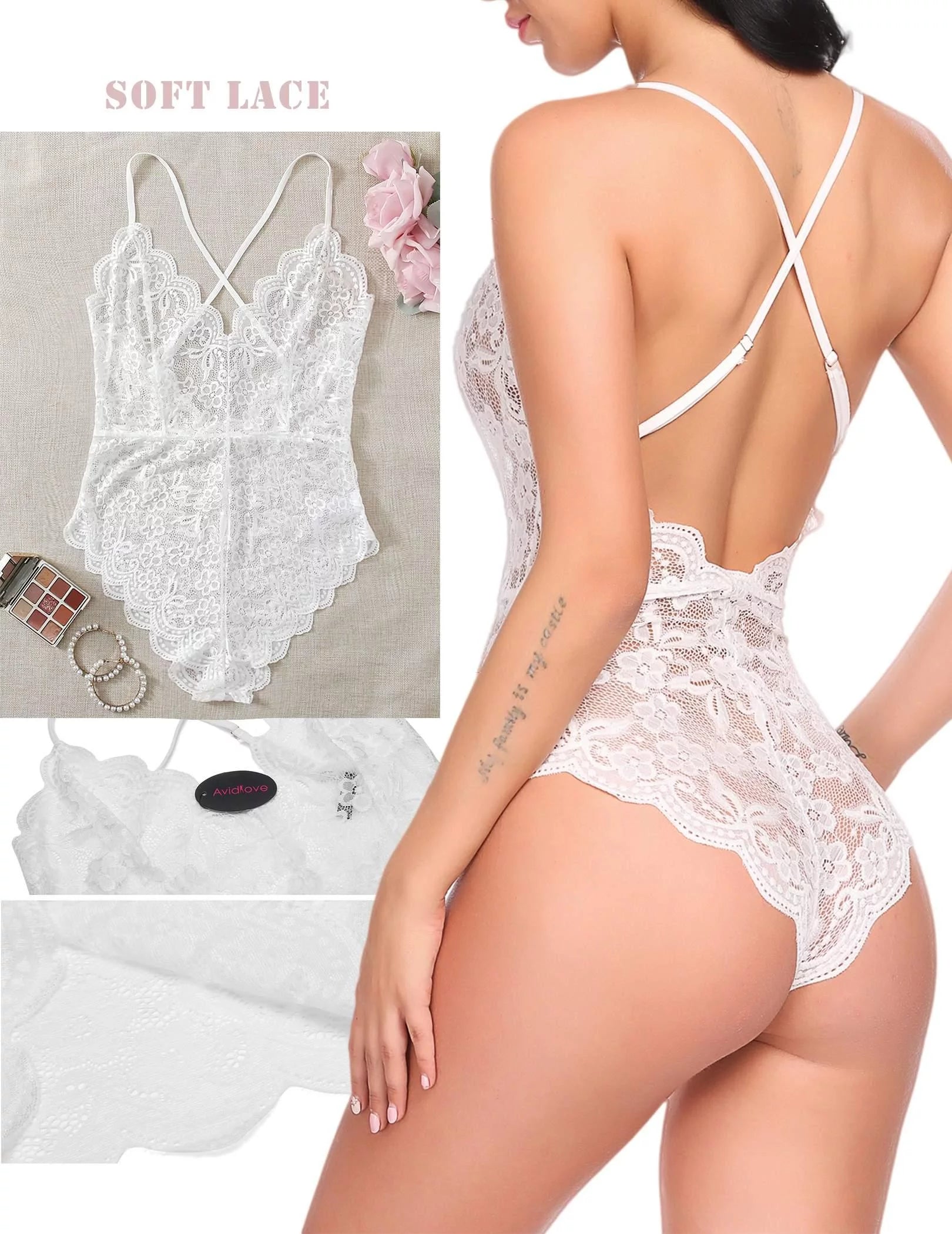 Women One Piece Lingerie Deep V Teddy Sexy Lace Bodysuit White M