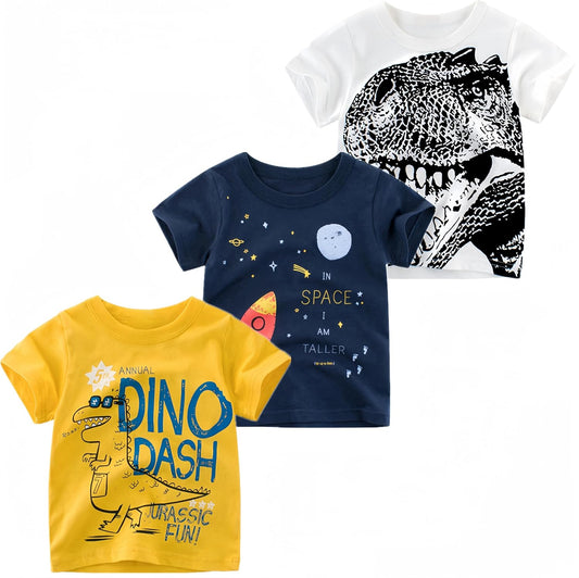 Boys' 3-Pack Dinosaur Short Sleeve Crewneck T-Shirts Top Tee Size 2-6 Years