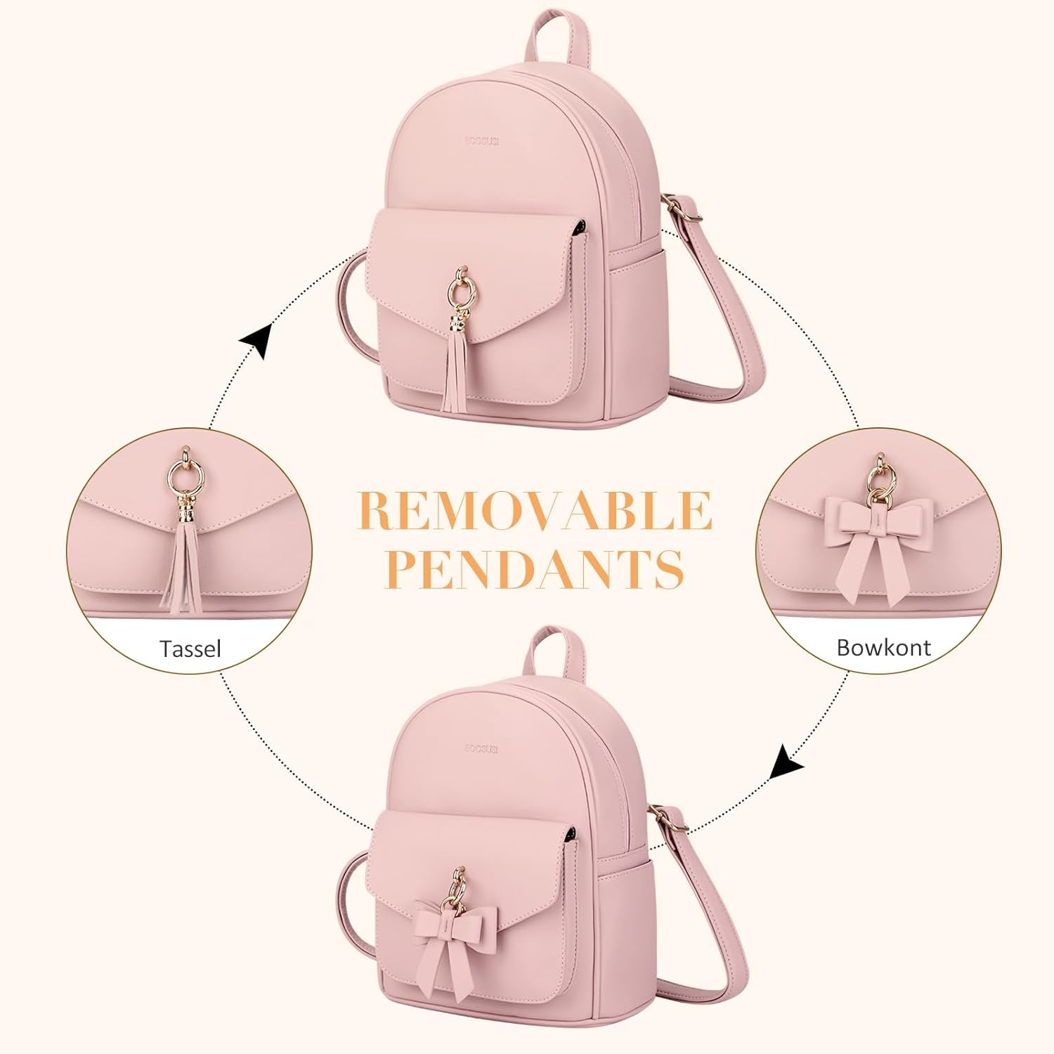 Mini Backpack for Women Girls Cute Bowknot Small Backpack Purse Ladies Leather Bookbag Satchel Bag, with Charm Tassel