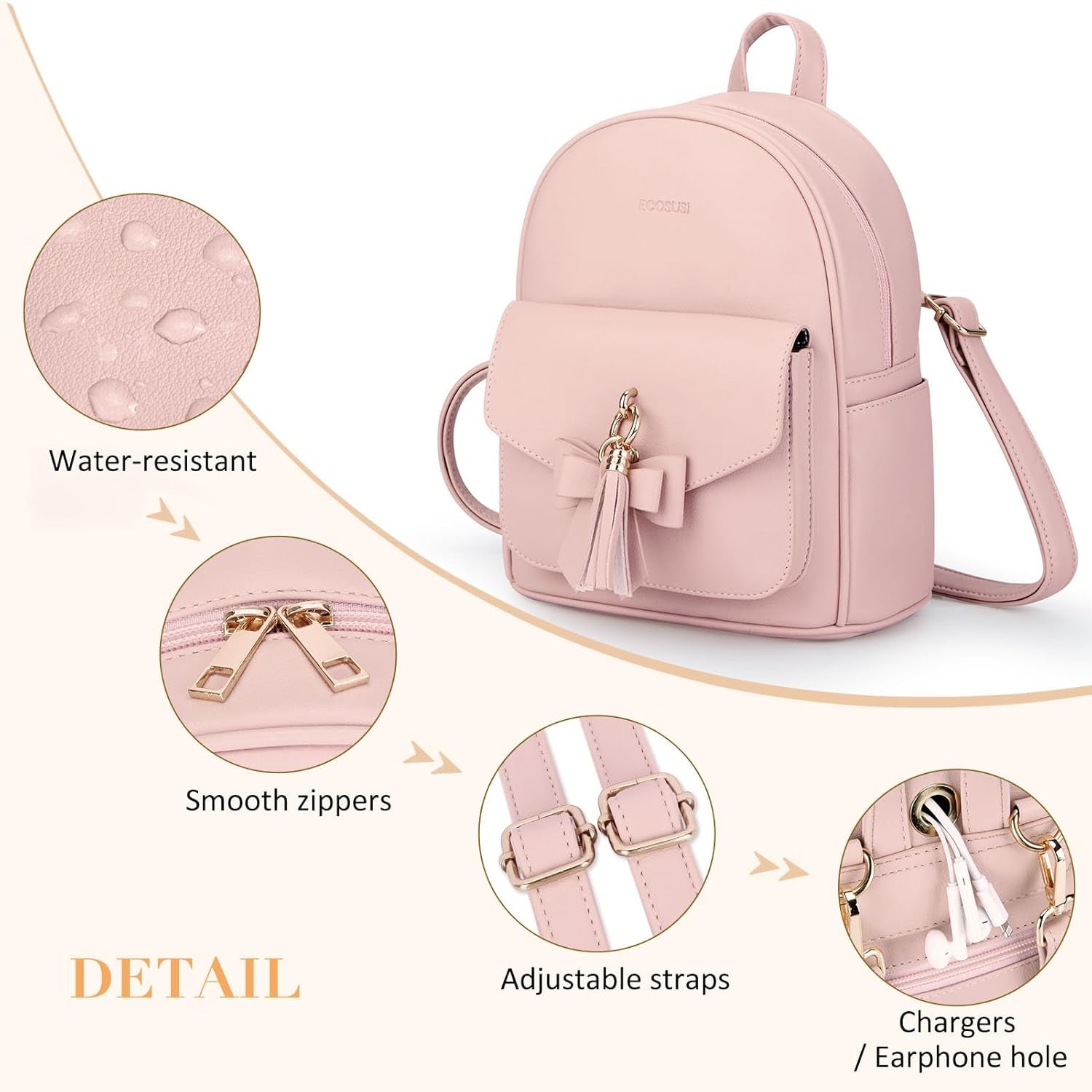 Mini Backpack for Women Girls Cute Bowknot Small Backpack Purse Ladies Leather Bookbag Satchel Bag, with Charm Tassel