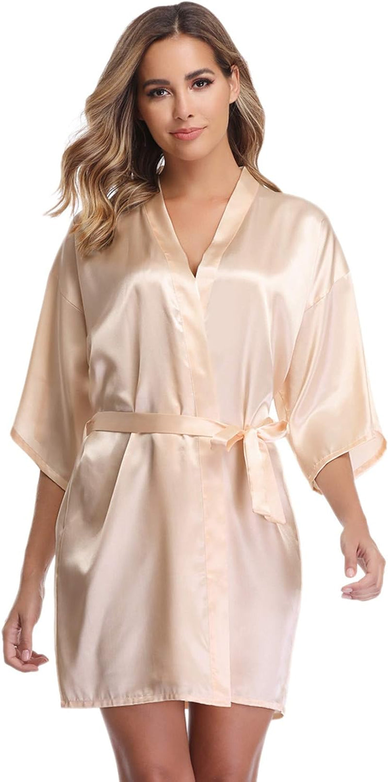 Women'S Satin Robe Short Kimono Bathrobes for Bride & Bridesmaid Wedding Party Robes with Gold Glitter or Rhinestones