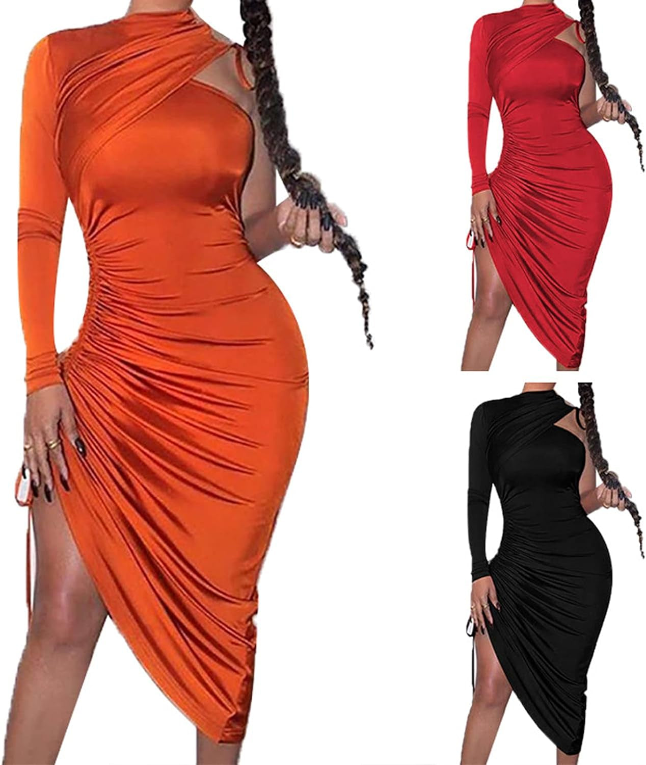 Women Sexy Bodycon Ruched Dress One Shoulder Long Sleeve Mock Neck Party Dress Drawstring Side Midi Dress Orange XL